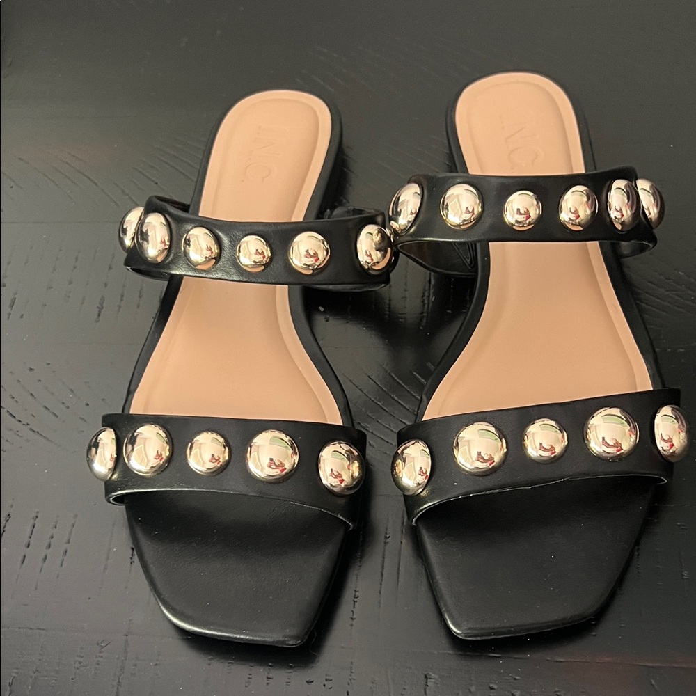 INC International Concepts Black Double-Strap Studded Slide Sandals